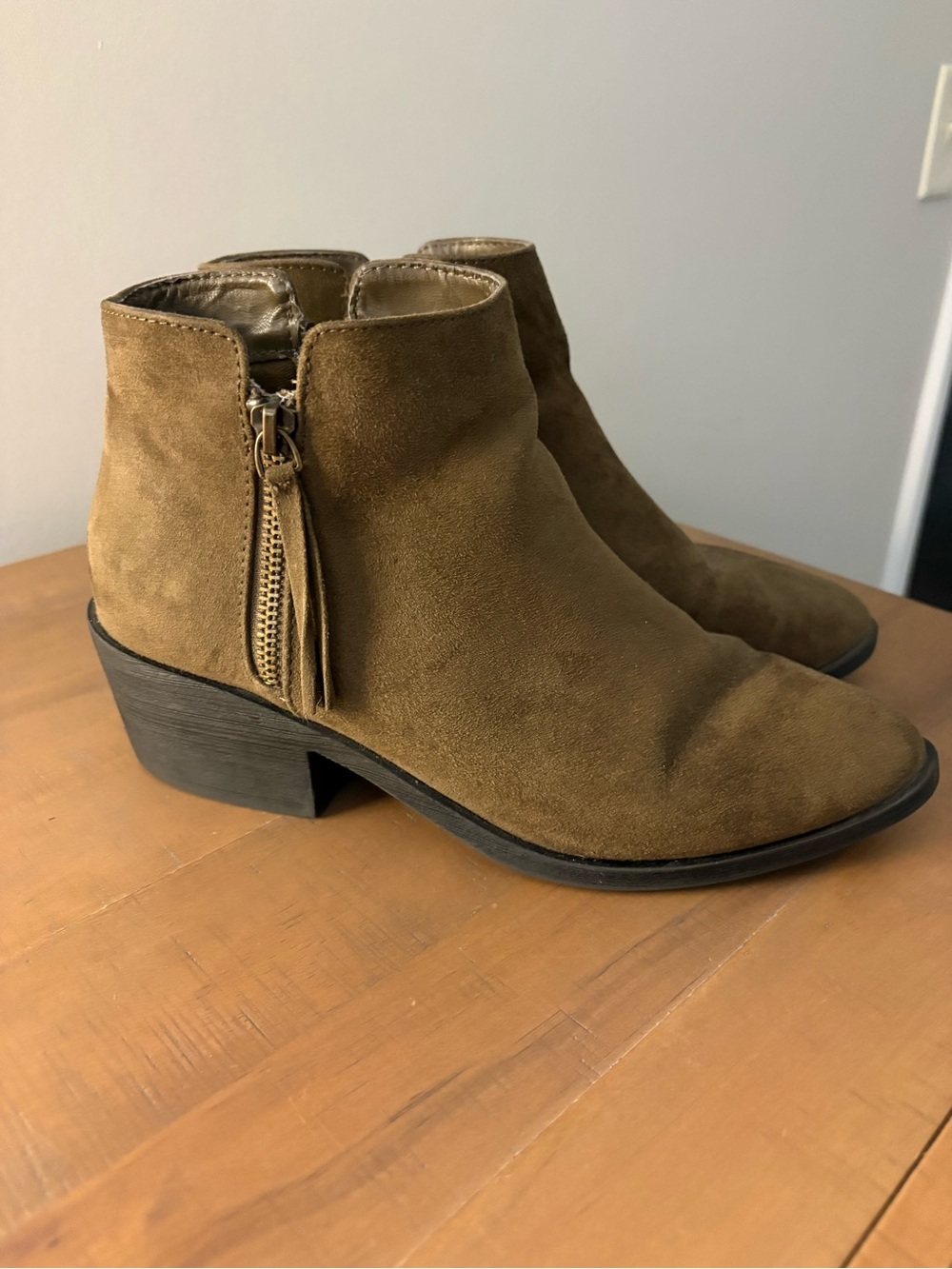 Suede Ankle Booties in Olive Green/Brown - Women's Fashion Boot